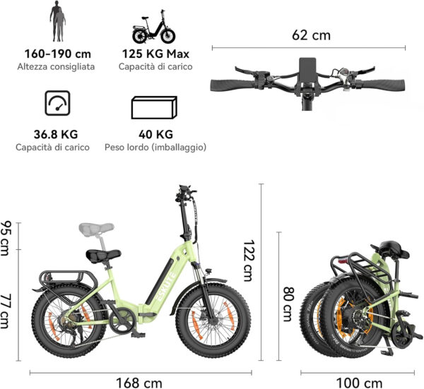 ESKUTE Star Elektrische fiets, inklapbaar, 36 V/25 Ah, afneembare accu, 50,8 cm Fat Tire (250 W), motor 250 W met draaimomentsensor, 7 snelheden, levensduur 120 km, e-bike voor volwassenen, groen - Afbeelding 7