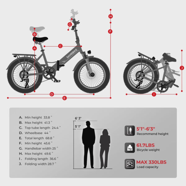 SAMEBIKE LOTDM200-II Elektrische Fiets E-Bike Opvouwbare 20''×4.0" Fat banden 48V 13Ah Lithiumbatterij Range 110KM 7 Speed 25KM/H (white) - Afbeelding 7